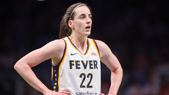May 22, 2025; Atlanta, Georgia, USA; Indiana Fever guard Caitlin Clark (22) in action against the Atlanta Dream in the first half at State Farm Arena. Mandatory Credit: Brett Davis-Imagn Images