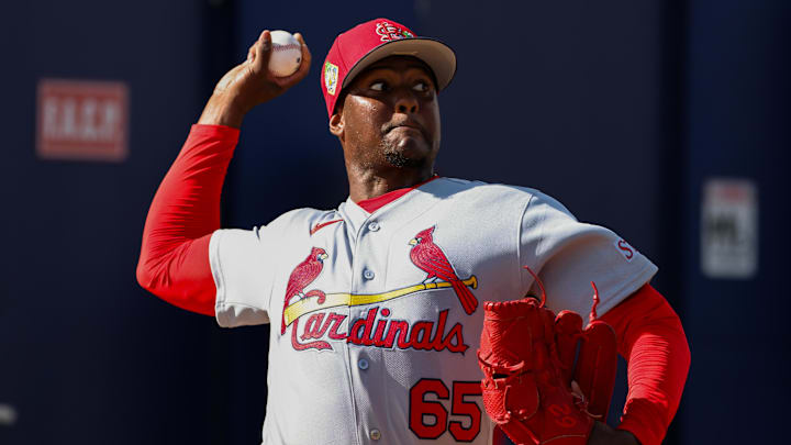 Feb 14, 2026; Jupiter, FL, USA; St. Louis Cardinals pitcher George Soriano (65) delivers a pitch during a spring training workout at Roger Dean Chevrolet Stadium. Mandatory Credit: Sam Navarro-Imagn Images