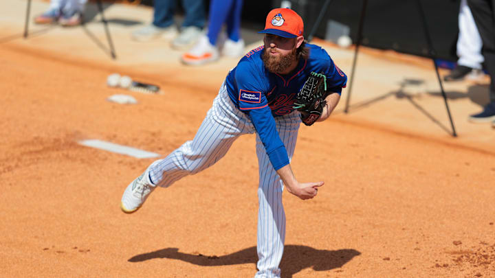 Feb 12, 2025; Port St. Lucie, FL, USA; New York Mets pitcher Paul Blackburn (58) pitches during a Spring Training workout at Clover Park. Mandatory Credit: Sam Navarro-Imagn Images