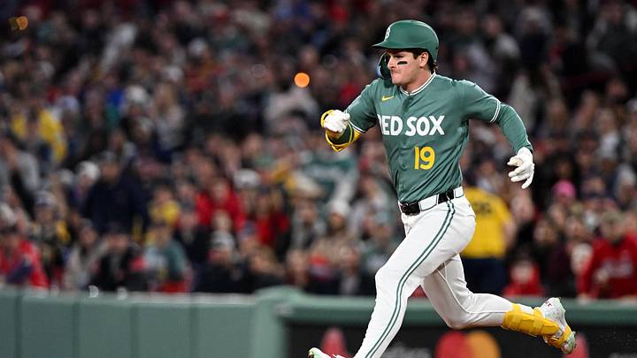 May 1, 2026; Boston, Massachusetts, USA; Boston Red Sox left fielder Roman Anthony (19( runs for second base after hitting a double against the Houston Astros during the fifth inning at Fenway Park. Mandatory Credit: Brian Fluharty-Imagn Images