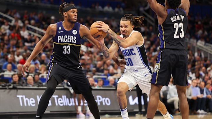 Jan 25, 2023; Orlando, Florida, USA: Orlando Magic guard Cole Anthony (50) drives to the hoop past Indiana Pacers center Myles Turner (33) in the third quarter at Amway Center. Mandatory Credit: Nathan Ray Seebeck-Imagn Images Jan 25, 2023; Orlando, Florida, USA: Orlando Magic guard Cole Anthony (50) drives to the hoop past Indiana Pacers center Myles Turner (33) in the third quarter at Amway Center. Mandatory Credit: Nathan Ray Seebeck-Imagn Images