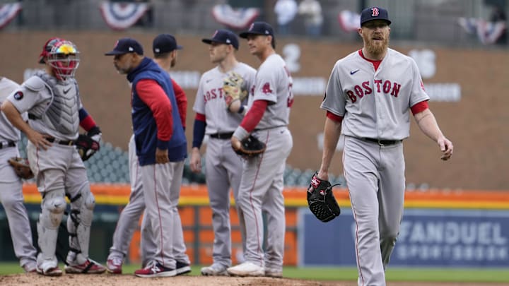 Apr 13, 2022; Detroit, Michigan, USA; Boston Red Sox relief pitcher Jake Diekman (31) walks to the dugout after getting pulled out of the game during the eighth inning against the Detroit Tigers at Comerica Park. Mandatory Credit: Raj Mehta-USA TODAY Sports