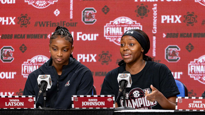 South Carolina Gamecocks guard Raven Johnson speaks to members of the media during the NCAA Women's Final Four media day at Mortgage Matchup Center in Phoenix on April 2, 2026. South Carolina Gamecocks guard Raven Johnson speaks to members of the media during the NCAA Women's Final Four media day at Mortgage Matchup Center in Phoenix on April 2, 2026.