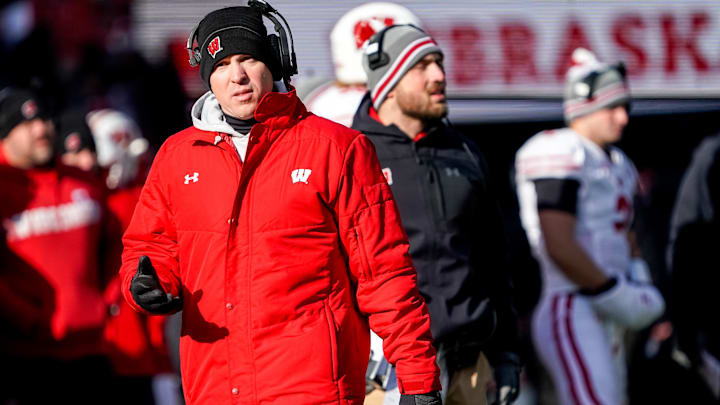 Wisconsin Badgers interim head coach Jim Leonhard reacts to a play during the fourth quarter against Nebraska.
