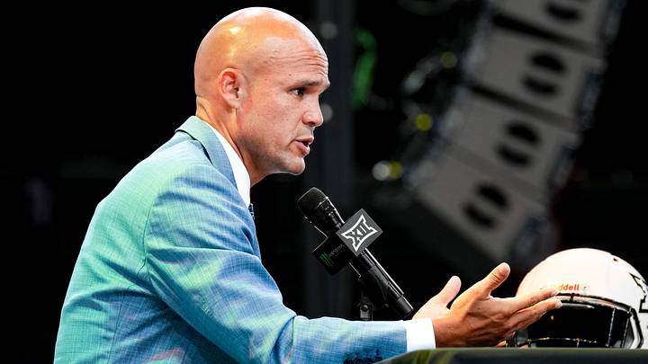 Jul 7, 2026; Frisco, TX, USA; Baylor head coach Dave Aranda speaks to reporters during Big 12 Conference Football Media Days at The Star. Mandatory Credit: Raymond Carlin III-Imagn Images Jul 7, 2026; Frisco, TX, USA; Baylor head coach Dave Aranda speaks to reporters during Big 12 Conference Football Media Days at The Star. Mandatory Credit: Raymond Carlin III-Imagn Images