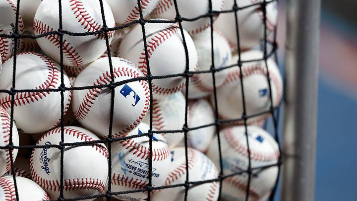 Mar 29, 2025; Miami, Florida, USA;  Miami Marlins baseballs sit in a bucket against the Pittsburgh Pirates before the game at loanDepot Park. Mandatory Credit: Rhona Wise-Imagn Images