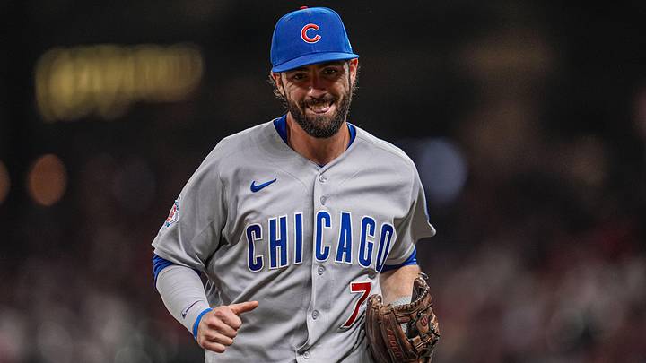 May 13, 2026; Cumberland, Georgia, USA; Chicago Cubs shortstop Dansby Swanson (7) reacts after throwing out Atlanta Braves third baseman Austin Riley (27) (not shown) during the seventh inning at Truist Park. Mandatory Credit: Dale Zanine-Imagn Images