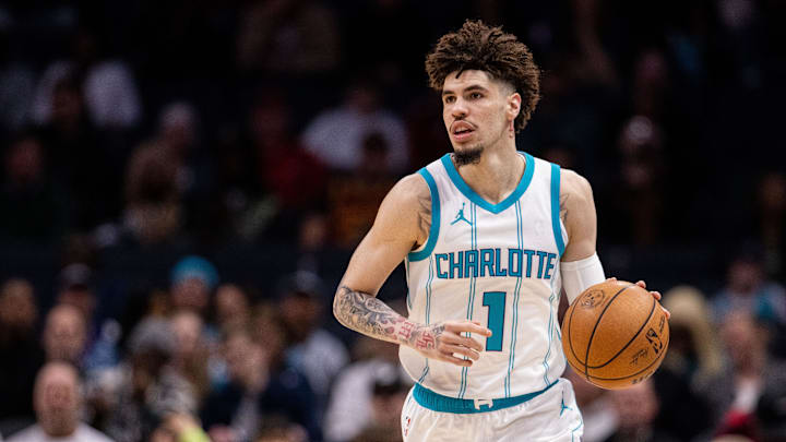 Mar 7, 2025; Charlotte, North Carolina, USA; Charlotte Hornets guard LaMelo Ball (1) brings the ball up court against the Cleveland Cavaliers during the first quarter at Spectrum Center. Mandatory Credit: Scott Kinser-Imagn Images