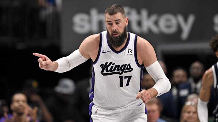 Mar 3, 2025; Dallas, Texas, USA; Sacramento Kings center Jonas Valanciunas (17) runs back up the court after scoring against the Dallas Mavericks during the first quarter at the American Airlines Center. Mandatory Credit: Jerome Miron-Imagn Images