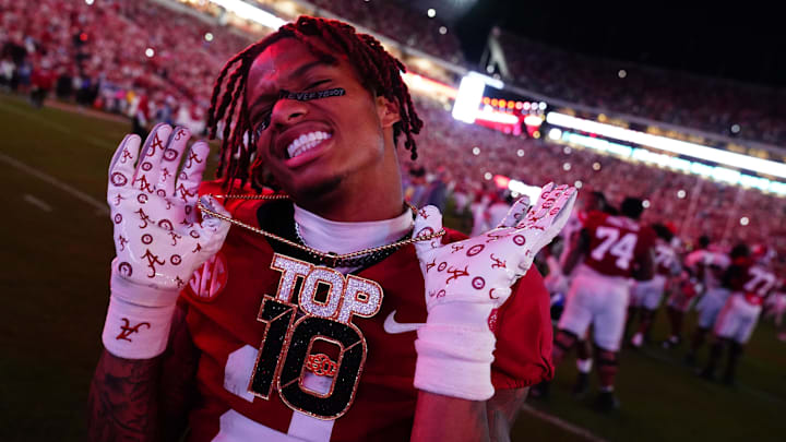 Sep 28, 2024; Tuscaloosa, Alabama, USA;  Alabama Crimson Tide wide receiver Ryan Williams (2) celebrates after defeating the Georgia Bulldogs at Bryant-Denny Stadium. Mandatory Credit: John David Mercer-Imagn Images