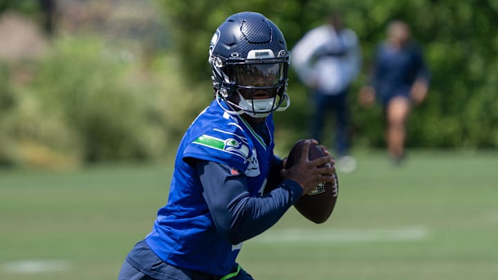 Jun 11, 2025; Renton, WA, USA; Seattle Seahawks quarterback Jalen Milroe (6) scrambles during mini-camp at Virginia Mason Athletic Center. Mandatory Credit: Stephen Brashear-Imagn Images