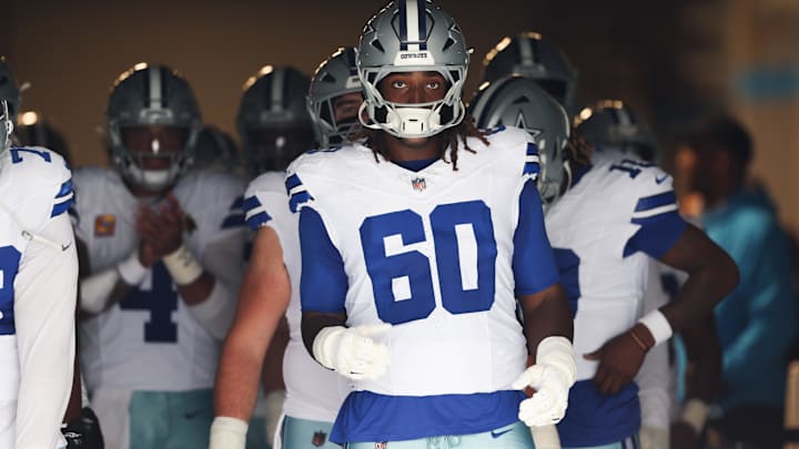 Dallas Cowboys offensive tackle Tyler Guyton prepares to enter the field prior to the game against the Carolina Panthers. Dallas Cowboys offensive tackle Tyler Guyton prepares to enter the field prior to the game against the Carolina Panthers.