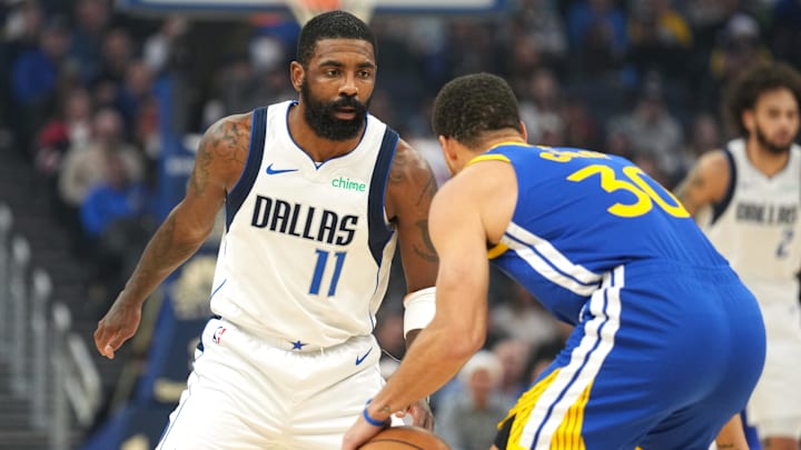 Dec 15, 2024; San Francisco, California, USA; Dallas Mavericks guard Kyrie Irving (11) defends against Golden State Warriors guard Stephen Curry (30) during the first quarter at Chase Center. Mandatory Credit: Darren Yamashita-Imagn Images Dec 15, 2024; San Francisco, California, USA; Dallas Mavericks guard Kyrie Irving (11) defends against Golden State Warriors guard Stephen Curry (30) during the first quarter at Chase Center. Mandatory Credit: Darren Yamashita-Imagn Images