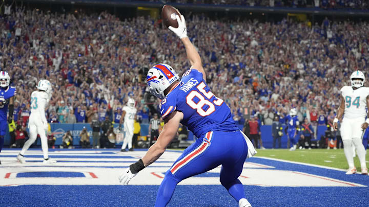 Sep 18, 2025; Orchard Park, New York, USA; Buffalo Bills tight end Jackson Hawes (85) celebrates scoring a touchdown against the Miami Dolphins in the second quarter at Highmark Stadium. Mandatory Credit: Gregory Fisher-Imagn Images