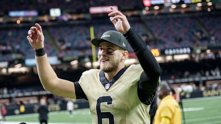 Dec 21, 2025; New Orleans, Louisiana, USA; New Orleans Saints quarterback Tyler Shough (6) smiles as he leaves the field after a game against the New York Jets at Caesars Superdome. 