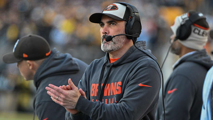 Dec 8, 2024; Pittsburgh, Pennsylvania, USA; Cleveland Browns head coach Kevin Stefanski reacts against the Pittsburgh Steelers during the fourth quarter at Acrisure Stadium. Mandatory Credit: Barry Reeger-Imagn Images