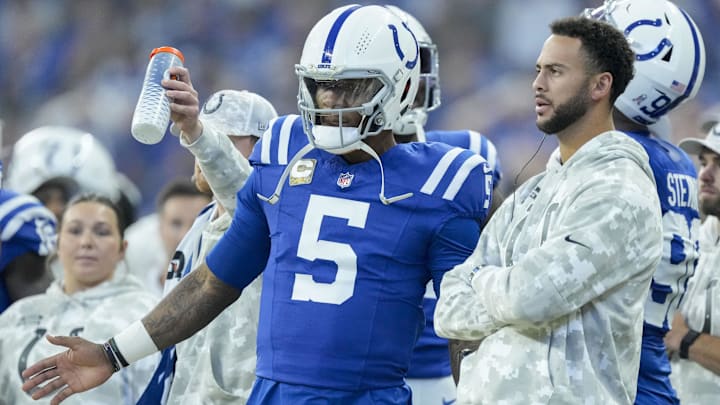 Nov 10, 2024; Indianapolis, Indiana, USA; Indianapolis Colts quarterback Anthony Richardson (5) watches the action on the field from the sideline Sunday, Nov. 10, 2024, during a game against the Buffalo Bills at Lucas Oil Stadium in Indianapolis. Mandatory Credit: Grace Hollars-USA TODAY Network via Imagn Images