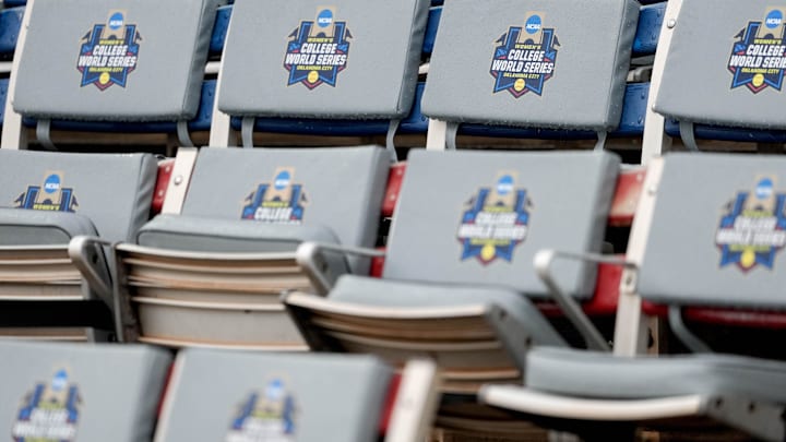 Seats with NCAA logos are pictured during game 3 between Texas Tech and Ole Miss at the Women’s College World Series at Devon Park in Oklahoma City, on Thursday, May 29, 2025.