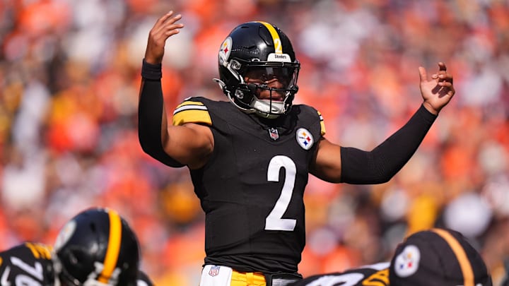 Sep 15, 2024; Denver, Colorado, USA; Pittsburgh Steelers quarterback Justin Fields (2) during the first quarter against the Denver Broncos at Empower Field at Mile High. Mandatory Credit: Ron Chenoy-Imagn Images