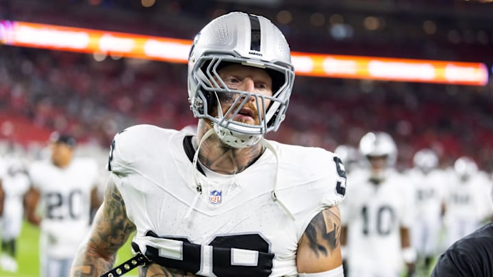 Aug 23, 2025; Glendale, Arizona, USA; Las Vegas Raiders defensive end Maxx Crosby (98) against the Arizona Cardinals during a preseason NFL game at State Farm Stadium. Mandatory Credit: Mark J. Rebilas-Imagn Images