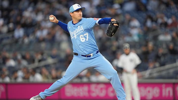 Apr 14, 2025; Bronx, New York, USA; Kansas City Royals starting pitcher Seth Lugo (67) delivers a pitch against the New York Yankees during the first inning at Yankee Stadium. Mandatory Credit: Gregory Fisher-Imagn Images Apr 14, 2025; Bronx, New York, USA; Kansas City Royals starting pitcher Seth Lugo (67) delivers a pitch against the New York Yankees during the first inning at Yankee Stadium. Mandatory Credit: Gregory Fisher-Imagn Images