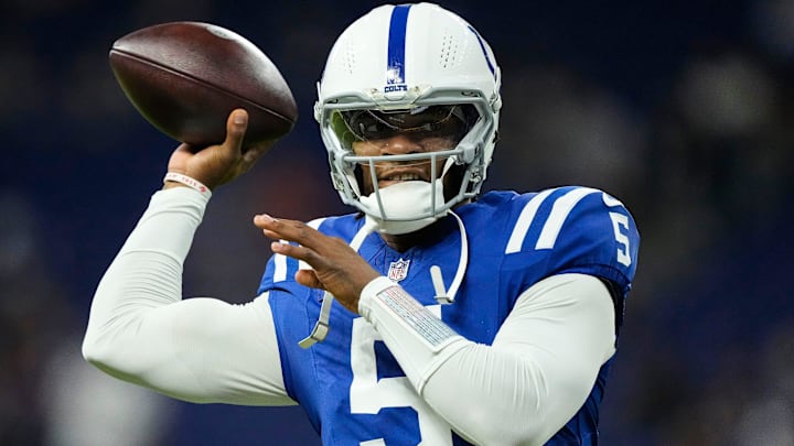 Indianapolis Colts quarterback Anthony Richardson (5) throws the ball Sunday, Sept. 22, 2024, ahead of game against the Chicago Bears at Lucas Oil Stadium in Indianapolis.