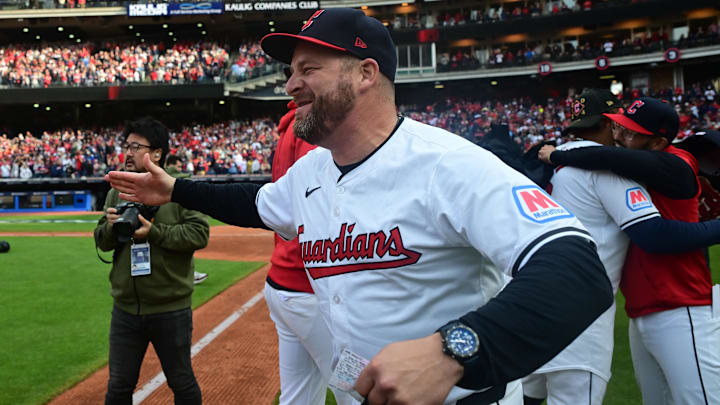Oct 12, 2024; Cleveland, Ohio, USA; Cleveland Guardians manager Stephen Vogt (12) celebrates defeating the Detroit Tigers during game five of the ALDS for the 2024 MLB Playoffs at Progressive Field. Mandatory Credit: Ken Blaze-Imagn Images