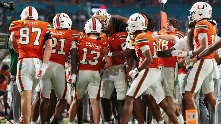 Sep 10, 2026; Miami Gardens, Florida, USA;  Miami Hurricanes wide receiver Vance Spafford (13) celebrates after scoring a touchdown in the third quarter against the Florida A&M Rattlers at Hard Rock Stadium.  Mandatory Credit: Sam Navarro-Imagn Images