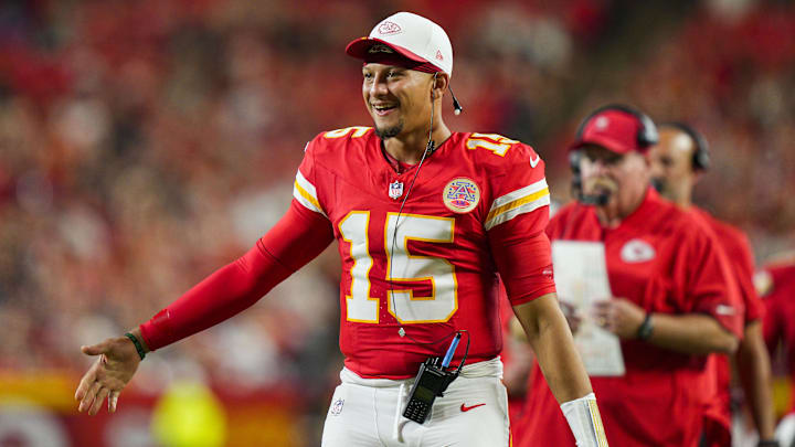 Aug 22, 2025; Kansas City, Missouri, USA; Kansas City Chiefs quarterback Patrick Mahomes (15) reacts after a touchdown during the second half against the Chicago Bears at GEHA Field at Arrowhead Stadium. Mandatory Credit: Jay Biggerstaff-Imagn Images