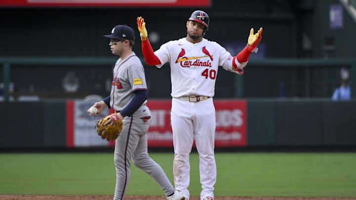 Jul 13, 2025; St. Louis, Missouri, USA;  St. Louis Cardinals first baseman Willson Contreras (40) reacts after hitting a two run double against the Atlanta Braves during the fifth inning at Busch Stadium. Mandatory Credit: Jeff Curry-Imagn Images