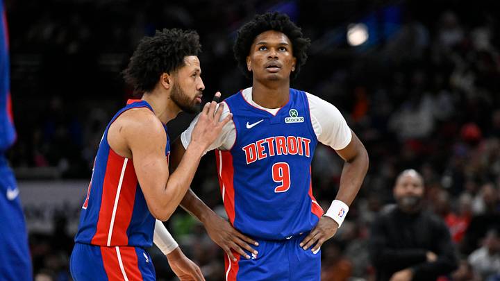 Feb 12, 2025; Chicago, Illinois, USA; Detroit Pistons guard Cade Cunningham (2) and forward Ausar Thompson (9) chat against the Chicago Bulls during the second half at the United Center. Mandatory Credit: Matt Marton-Imagn Images Feb 12, 2025; Chicago, Illinois, USA; Detroit Pistons guard Cade Cunningham (2) and forward Ausar Thompson (9) chat against the Chicago Bulls during the second half at the United Center. Mandatory Credit: Matt Marton-Imagn Images