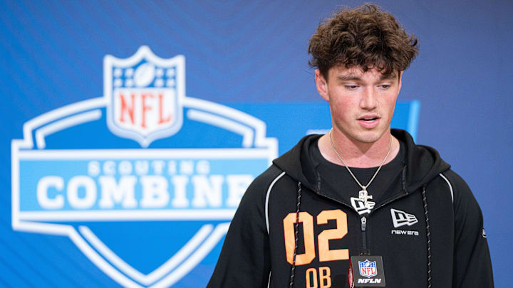 Feb 27, 2026; Indianapolis, IN, USA; Penn State quarterback Drew Allar (QB02) speaks to members of the media during the NFL Combine at the Indiana Convention Center. Mandatory Credit: Jacob Musselman-Imagn Images