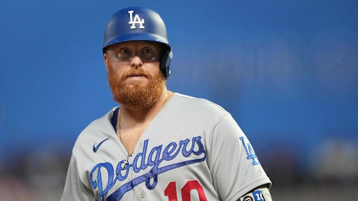 Sep 17, 2022; San Francisco, California, USA; Los Angeles Dodgers designated hitter Justin Turner (10) during the third inning against the San Francisco Giants at Oracle Park. Mandatory Credit: Darren Yamashita-Imagn Images