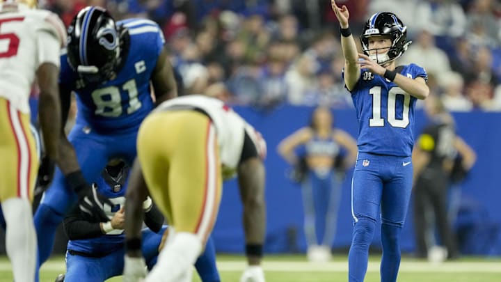 Dec 22, 2025; Indianapolis, Indiana, USA; Indianapolis Colts kicker Blake Grupe (10) lines up a field goal during a game against the San Francisco 49ers at Lucas Oil Stadium. Mandatory Credit: Grace Hollars-USA TODAY Network via Imagn Images