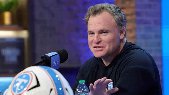Titans general manager Mike Borgonzi speaks to members of the media during a pre NFL draft press conference held at the Titans practice facility Thursday, April 16, 2026.