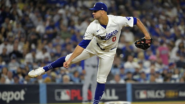 Los Angeles Dodgers starting pitcher Jack Flaherty throws a pitch against the New York Mets.
