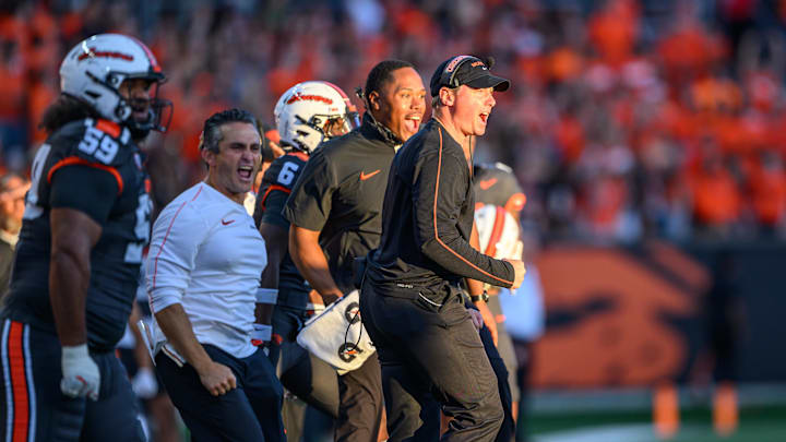 Sep 21, 2024; Corvallis, Oregon, USA; Oregon State Beavers head coach Trent Bray reacts to a defensive stop on fourth down during the first half against the Purdue Boilermakers at Reser Stadium. Mandatory Credit: Craig Strobeck-Imagn Images