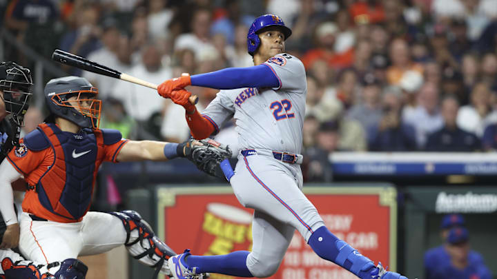 Mar 28, 2025; Houston, TX, USA; New York Mets right fielder Juan Soto (22) hits a home run during the third inning against the Houston Astros at Daikin Park. Mandatory Credit: Troy Taormina-Imagn Images