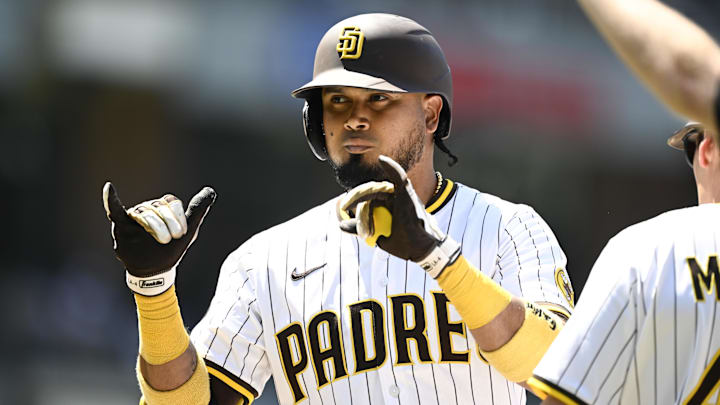Jun 25, 2025; San Diego, California, USA; San Diego Padres first baseman Luis Arraez (4) gestures to the dugout after hitting a single during the seventh inning against the Washington Nationals at Petco Park. Mandatory Credit: Denis Poroy-Imagn Images