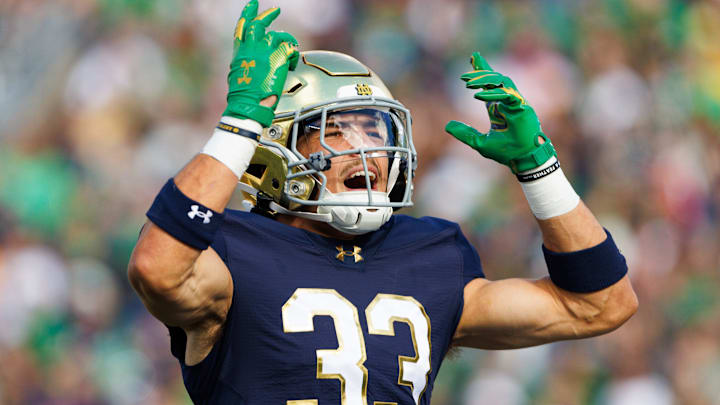 Notre Dame defensive lineman Christopher Burgess Jr. hypes up the crowd in the first half of a NCAA football game against NC State at Notre Dame Stadium on Saturday, Oct. 11, 2025, in South Bend. Notre Dame defensive lineman Christopher Burgess Jr. hypes up the crowd in the first half of a NCAA football game against NC State at Notre Dame Stadium on Saturday, Oct. 11, 2025, in South Bend.