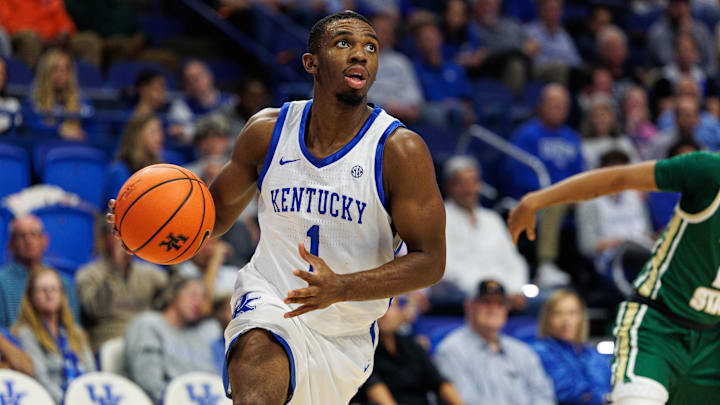 Nov 4, 2024; Lexington, Kentucky, USA; Kentucky Wildcats guard Lamont Butler (1) goes to the basket during the second half against the Wright State Raiders at Rupp Arena at Central Bank Center. Mandatory Credit: Jordan Prather-Imagn Images