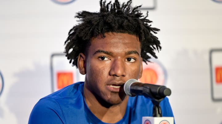 Apr 1, 2024; Houston, TX, USA; McDonald's All American West guard Karter Knox speaks during a press