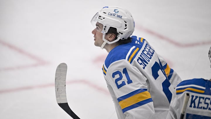 Feb 4, 2026; Dallas, Texas, USA; St. Louis Blues right wing Jimmy Snuggerud (21) skates off the ice after scoring a goal against the Dallas Stars during the third period at the American Airlines Center. Mandatory Credit: Jerome Miron-Imagn Images Feb 4, 2026; Dallas, Texas, USA; St. Louis Blues right wing Jimmy Snuggerud (21) skates off the ice after scoring a goal against the Dallas Stars during the third period at the American Airlines Center. Mandatory Credit: Jerome Miron-Imagn Images