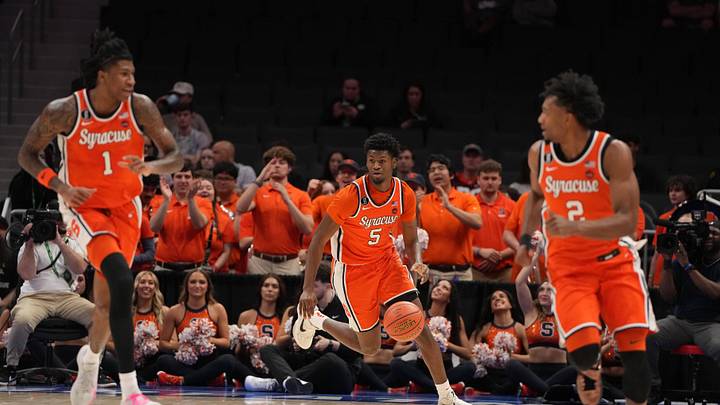 Mar 10, 2026; Charlotte, NC, USA; Syracuse Orange forward Tyler Betsey (5) with the ball in the first half at Spectrum Center. Mandatory Credit: Bob Donnan-Imagn Images Mar 10, 2026; Charlotte, NC, USA; Syracuse Orange forward Tyler Betsey (5) with the ball in the first half at Spectrum Center. Mandatory Credit: Bob Donnan-Imagn Images
