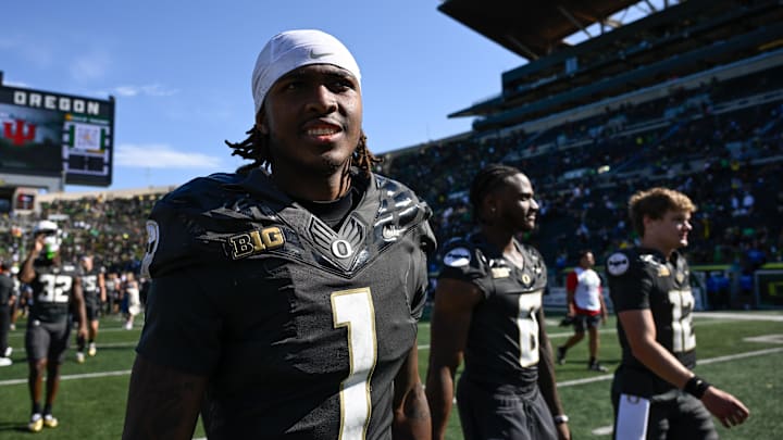 Oregon Ducks wide receiver Dakorien Moore walks off the field after the game against the Oregon State Beavers at Autzen Stadium.