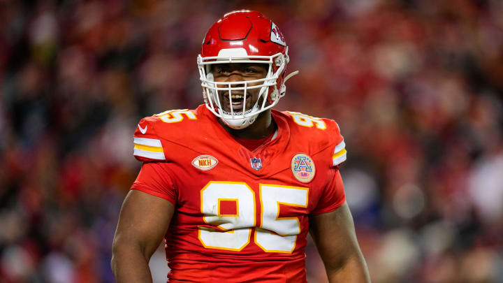 Dec 10, 2023; Kansas City, Missouri, USA; Kansas City Chiefs defensive tackle Chris Jones (95) reacts during the second half against the Buffalo Bills at GEHA Field at Arrowhead Stadium. Mandatory Credit: Jay Biggerstaff-USA TODAY Sports