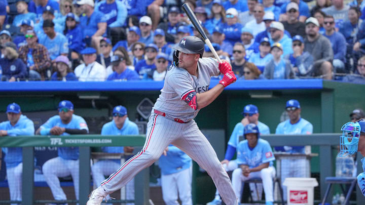 Minnesota Twins right fielder Matt Wallner at bat against the Kansas City Royals during the game at Kauffman Stadium in Kansas City, Mo., on April 10, 2025. Minnesota Twins right fielder Matt Wallner at bat against the Kansas City Royals during the game at Kauffman Stadium in Kansas City, Mo., on April 10, 2025.