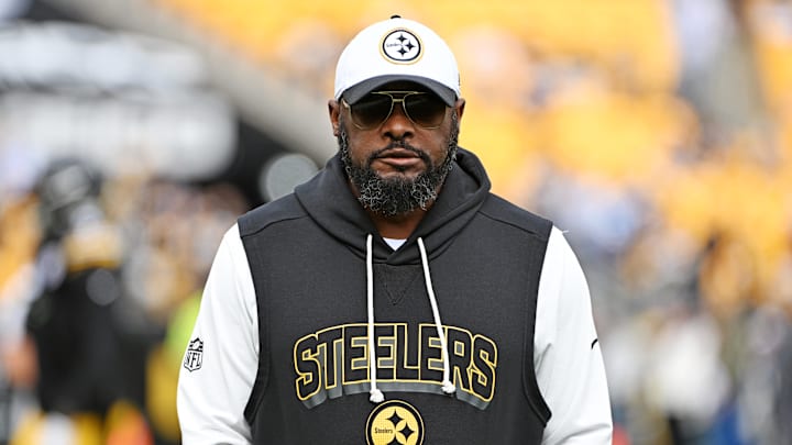 Nov 2, 2025; Pittsburgh, Pennsylvania, USA; Pittsburgh Steelers head coach Mike Tomlin looks on during warmups before the game against the Indianapolis Colts at Acrisure Stadium. Mandatory Credit: Barry Reeger-Imagn Images