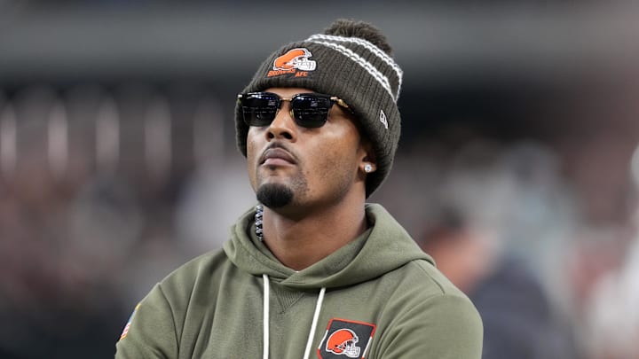 Nov 23, 2025; Paradise, Nevada, USA; Cleveland Browns quarterback Deshaun Watson watches on the sidelines against the Las Vegas Raiders in the second half at Allegiant Stadium. Mandatory Credit: Kirby Lee-Imagn Images