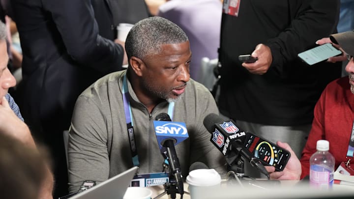 Mar 31, 2025; Palm Beach, FL, USA;  New York Jets head coach Aaron Glenn attends the NFL Annual League Meeting at The Breakers. Mandatory Credit: Jim Rassol-Imagn Images